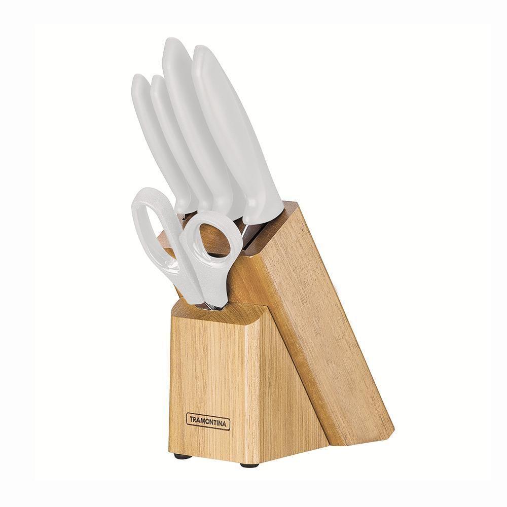 Jogo Facas Plenus Lâminas Inox Cabos Branco Off White Suporte Madeira 6pc - Tramontina 23498315 - 1