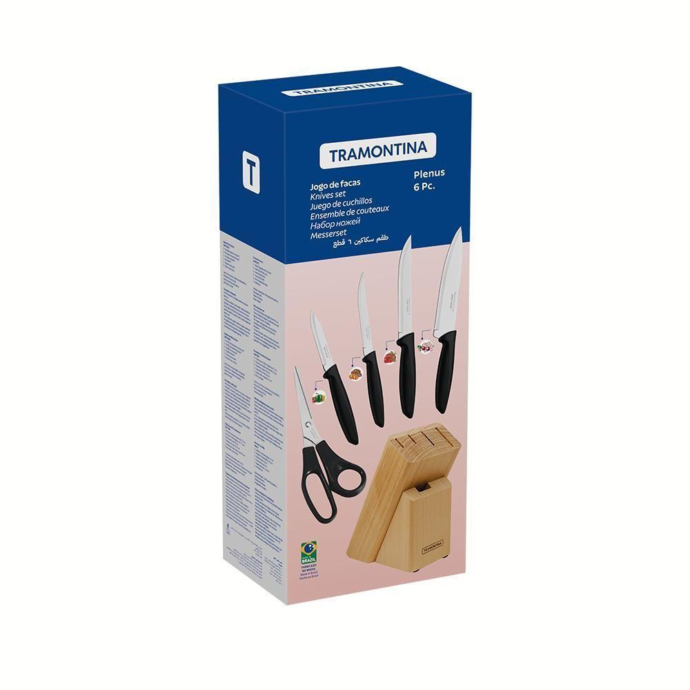 Jogo Facas Plenus Lâminas Inox Cabos Branco Off White Suporte Madeira 6pc - Tramontina 23498315 - 2