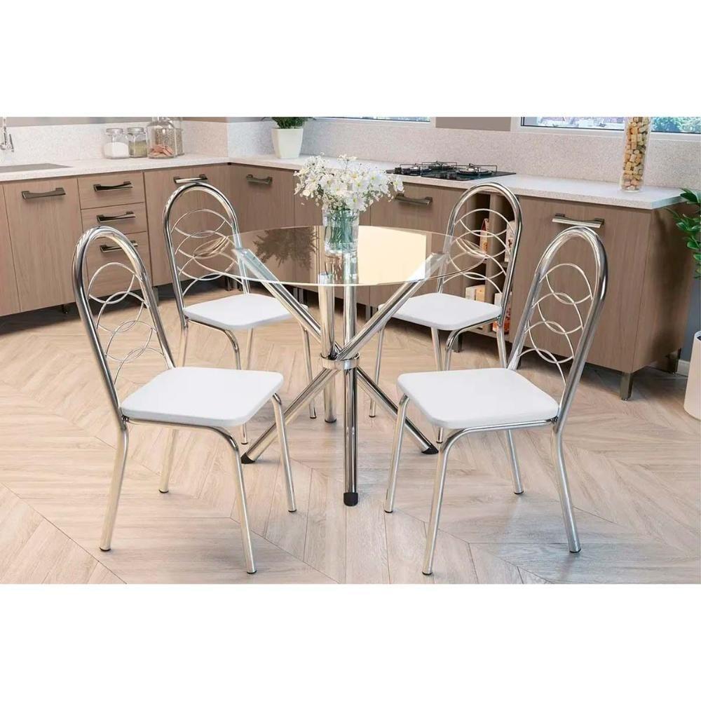 Sala De Jantar Volga Tampo De Vidro 95x95cm E 4 Cadeiras Holanda Cromada Branco - 1