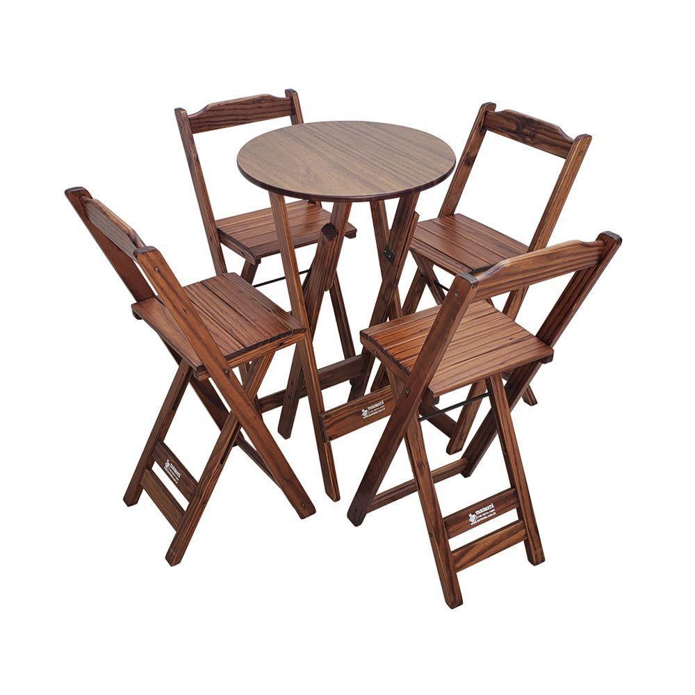 Conjunto Bistrô Mesa Dobrável De Madeira Redonda Com 4 Banquetas Imbuia - Tarimatã - 1