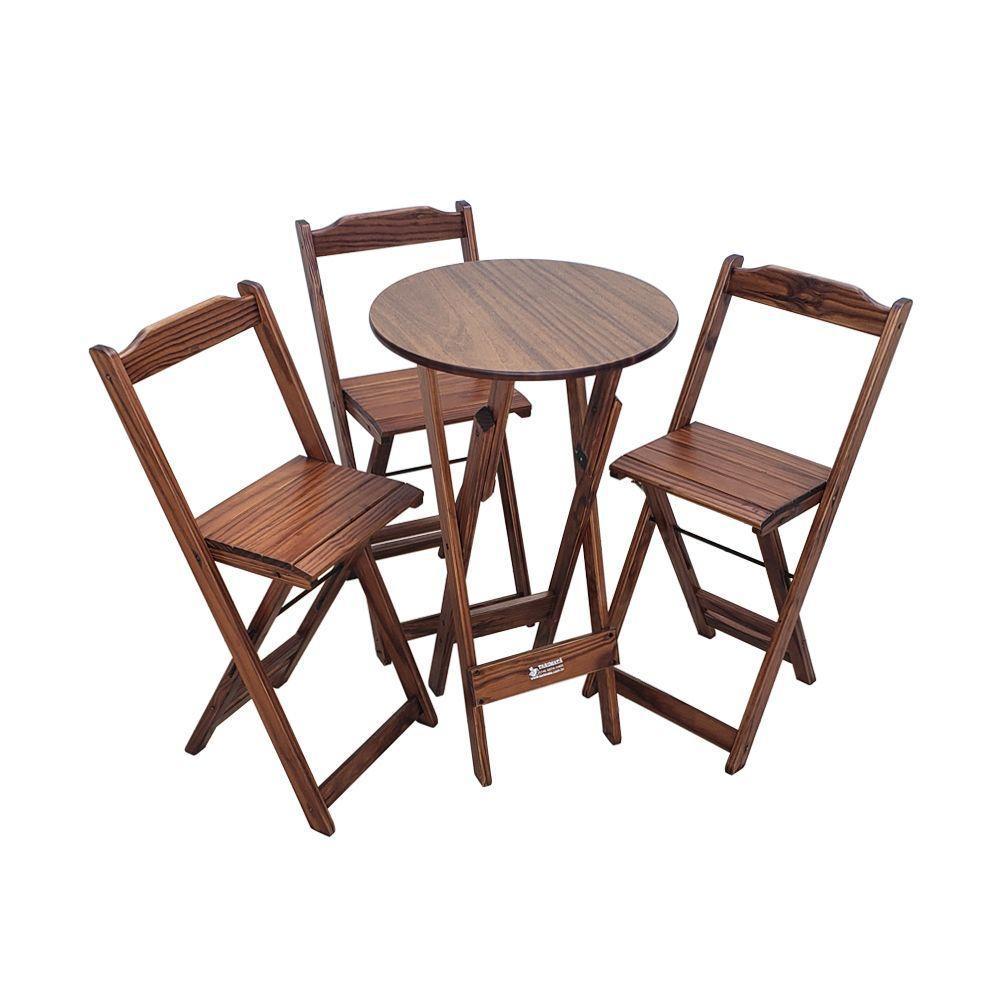 Mesa Bistrô Dobrável De Madeira Redonda Com 3 Banquetas Imbuia - Tarimatã - 1