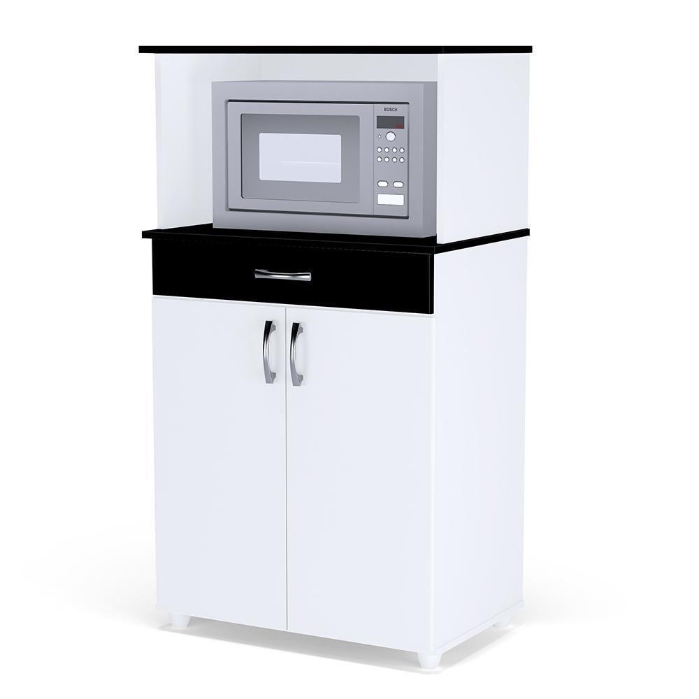 Balcão Cozinha Para Micro-ondas Carina Branco-preto - Ajl Móveis Branco-preto - 1