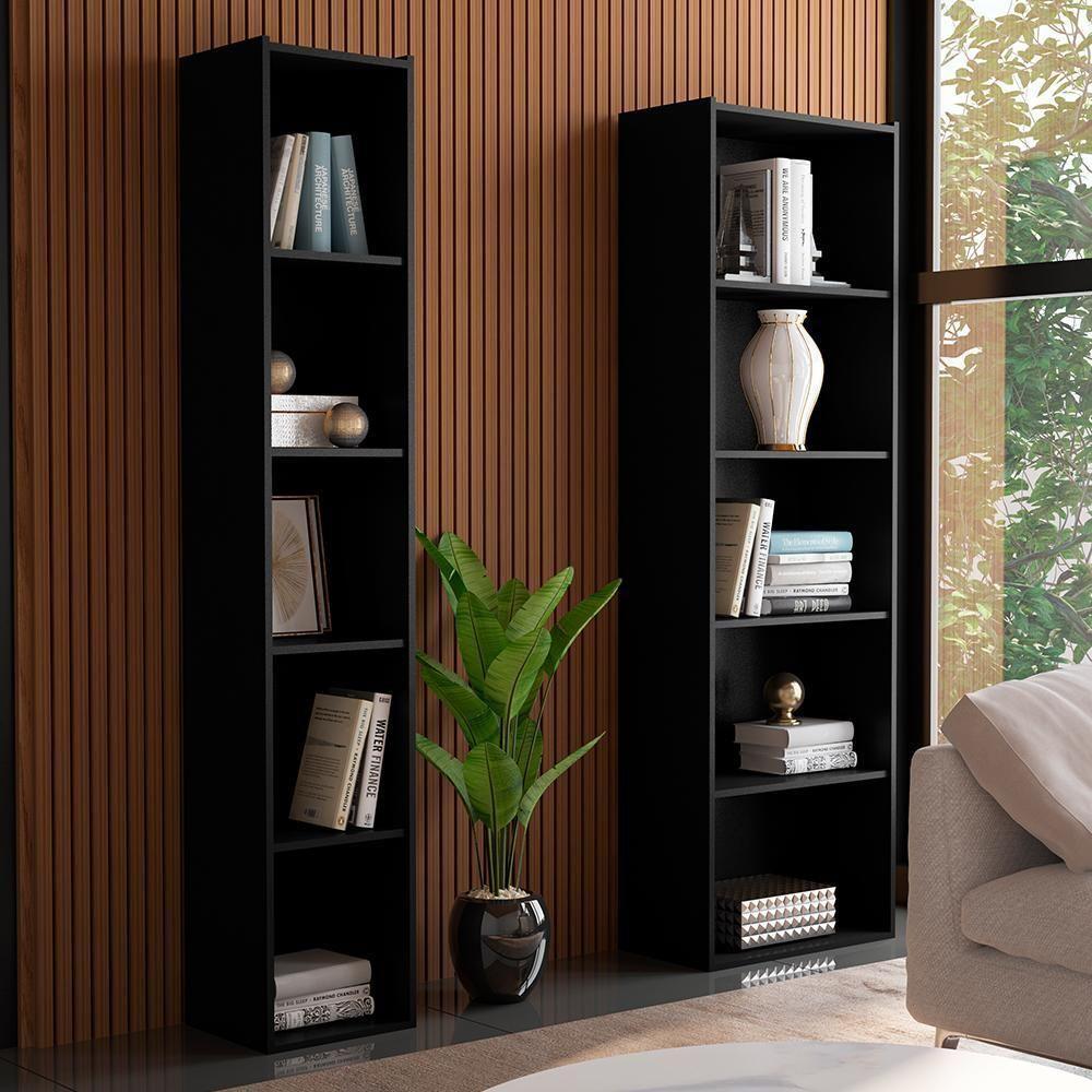 Kit Estante Livreiro Janaina E Luiza Com Prateleiras Preto - Ajl Móveis Preto - 2