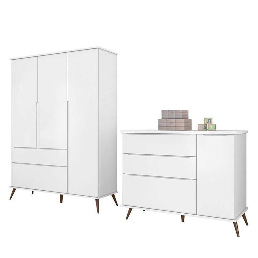 Jogo De Quarto Infantil Retrô Alice Guarda Roupa E Cômoda Com Porta Branco - Pr Baby Branco - 1