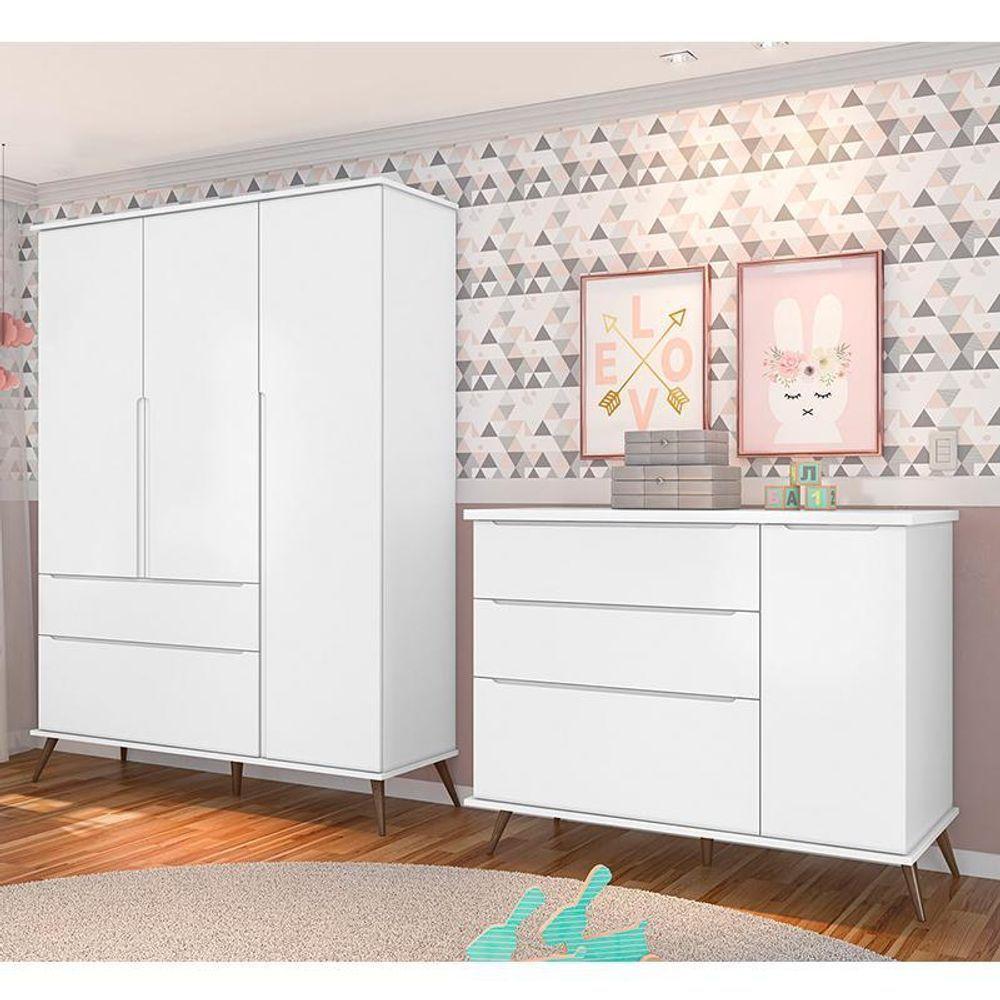 Jogo De Quarto Infantil Retrô Alice Guarda Roupa E Cômoda Com Porta Branco - Pr Baby Branco - 2