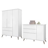 Jogo De Quarto Infantil Retrô Alice Guarda Roupa E Cômoda Com Porta Branco - Pr Baby Branco - 1