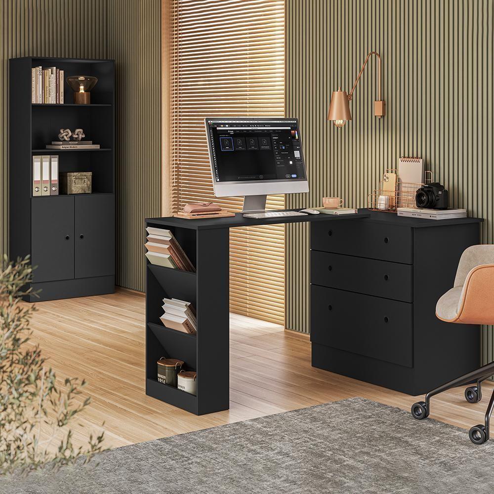 Conjunto Gamer Armário 2 Portas E Mesa Giratória Preto Fosco - Qmovi Preto Fosco - 2