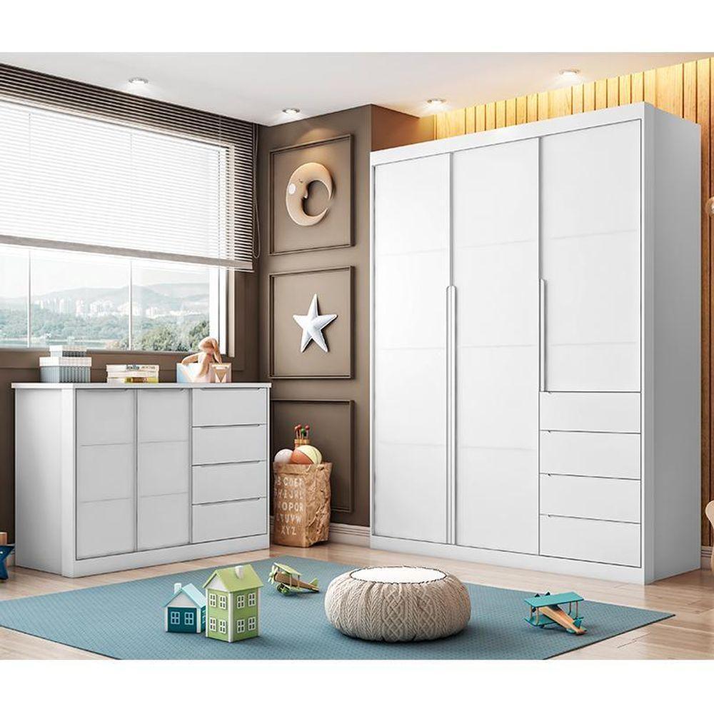 Jogo De Quarto Infantil Pietra Com Guarda Roupa E Cômoda Branco - Pr Baby Branco - 2