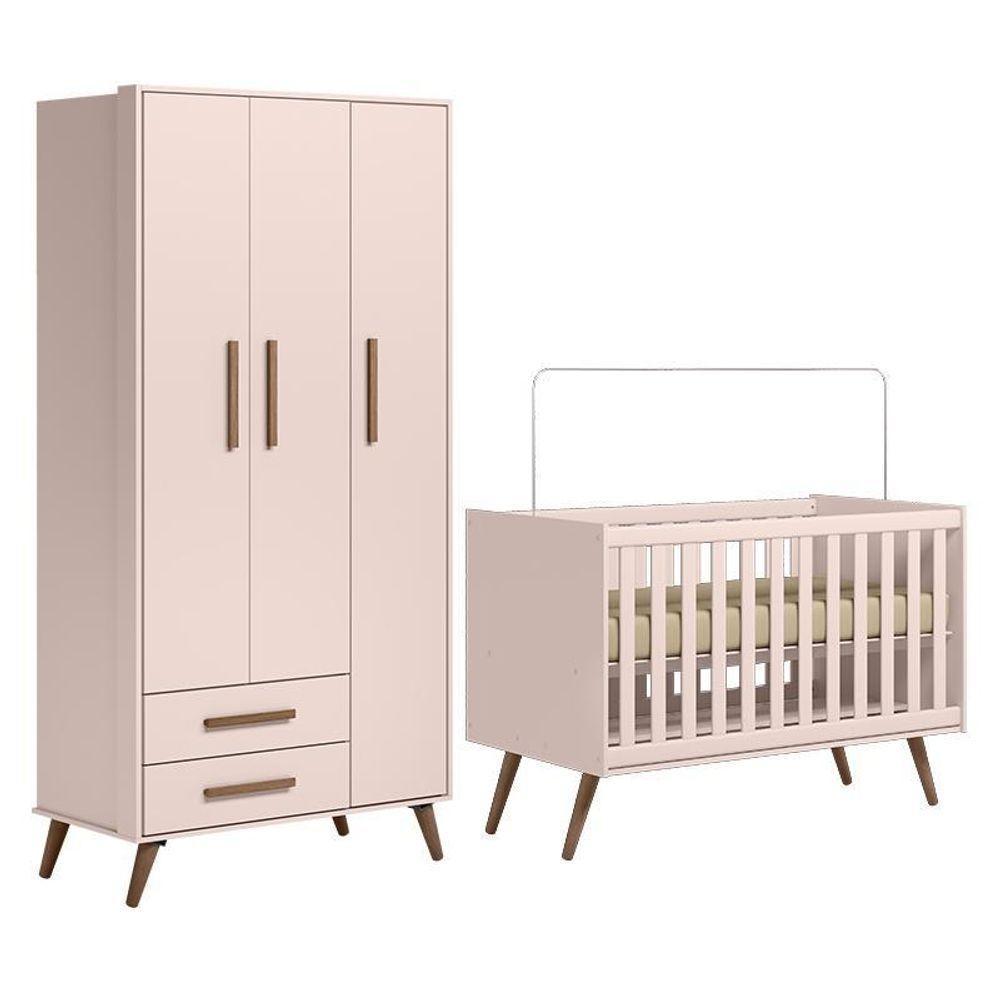 Jogo De Quarto Infantil Q Encanto Retrô Com Guarda Roupa E Berço Rosa - Qmovi Rosa - 1