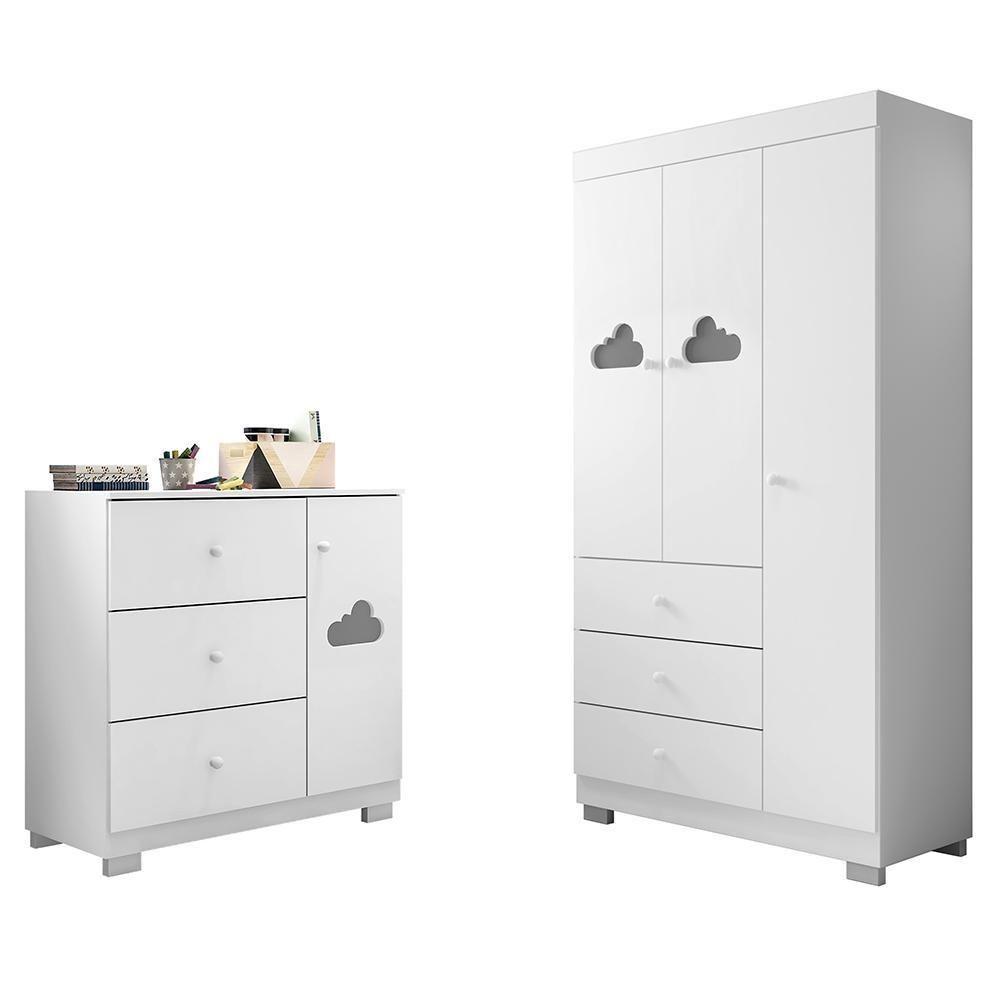 Jogo De Quarto Infantil Ane Com Guarda Roupa 3 Portas E Cômoda Branco - Phoenix Baby Branco - 1