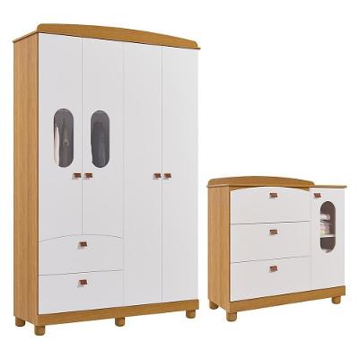 Jogo De Quarto Infantil Fofura Guarda Roupa E Cômoda Nature-branco - Permóbili Baby Nature-branco