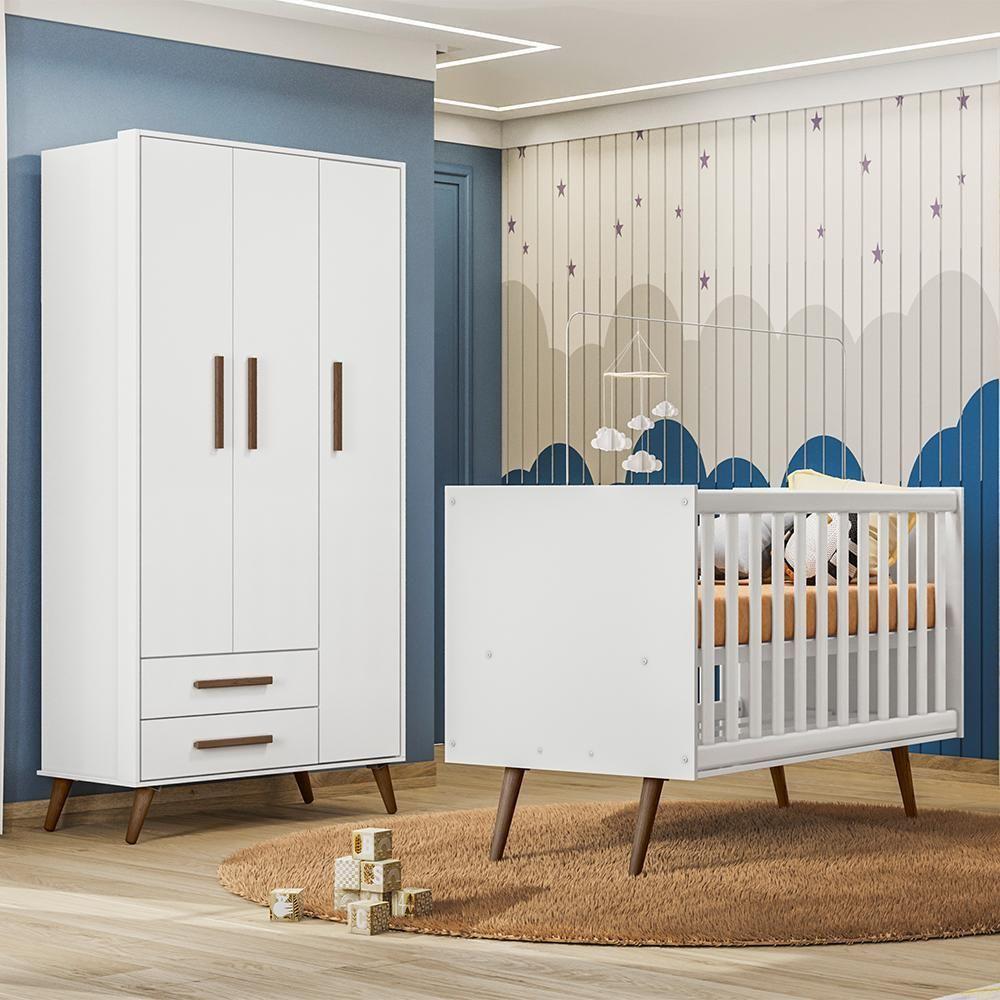 Jogo De Quarto Infantil Q Encanto Retrô Com Guarda Roupa E Berço Branco Acetinado - Qmovi Branco Acetinado - 2