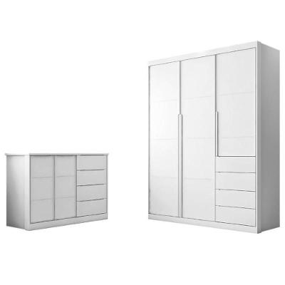 Conjunto de Quarto Infantil Pérola com Guarda Roupa 3 Portas e Cômoda MDF Branco Phoenix Baby
