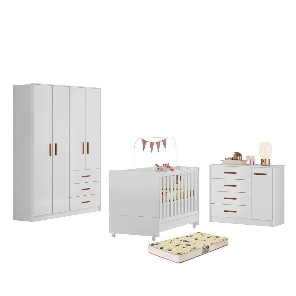 Dormitório Infantil Pérola Guarda Roupa, Cômoda E Berço Branco Com Colchão Supreme - Peternella Móveis Branco - 1