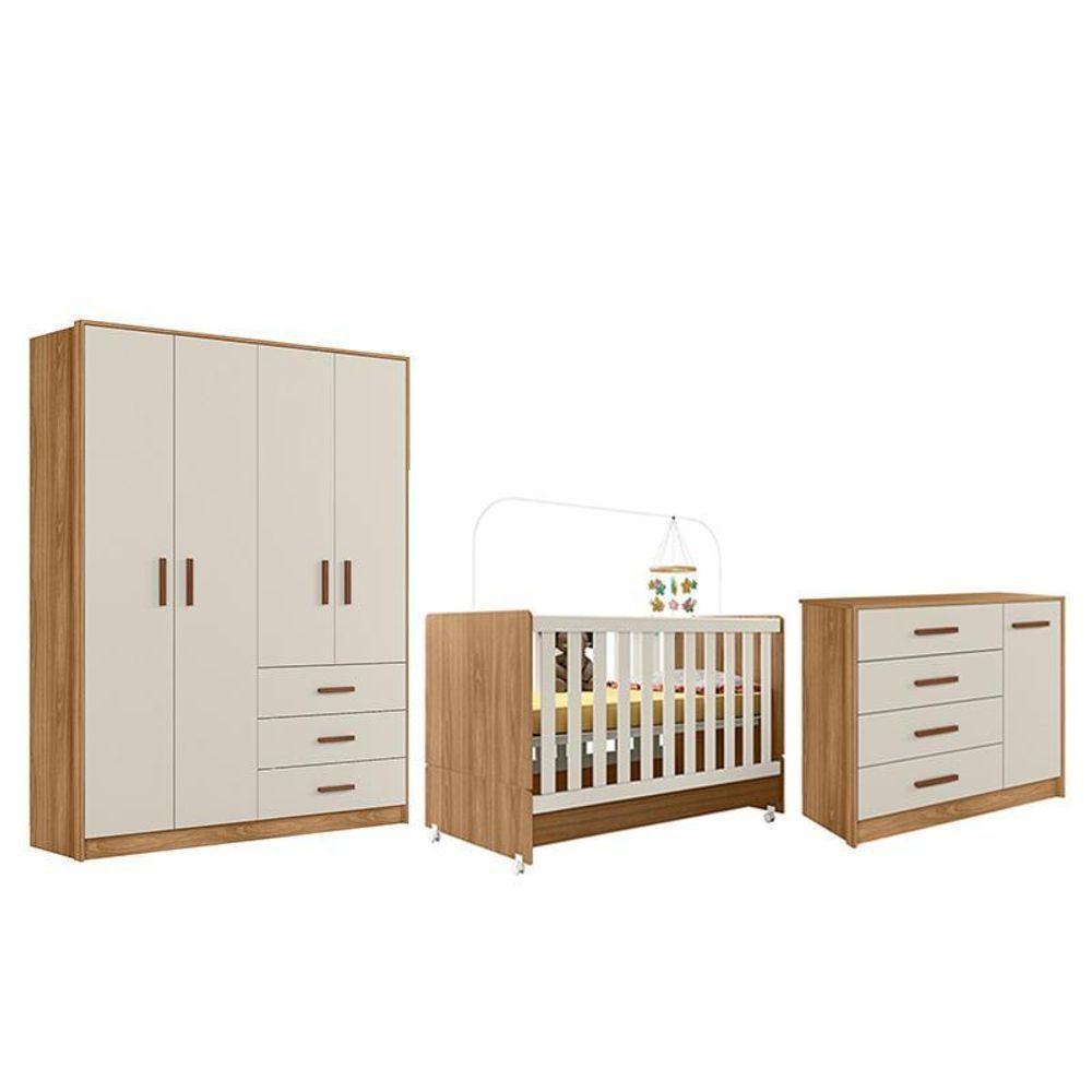 Dormitório Infantil Pérola Guarda Roupa, Cômoda E Berço Nature-off White - Peternella Móveis Nature-off White - 1
