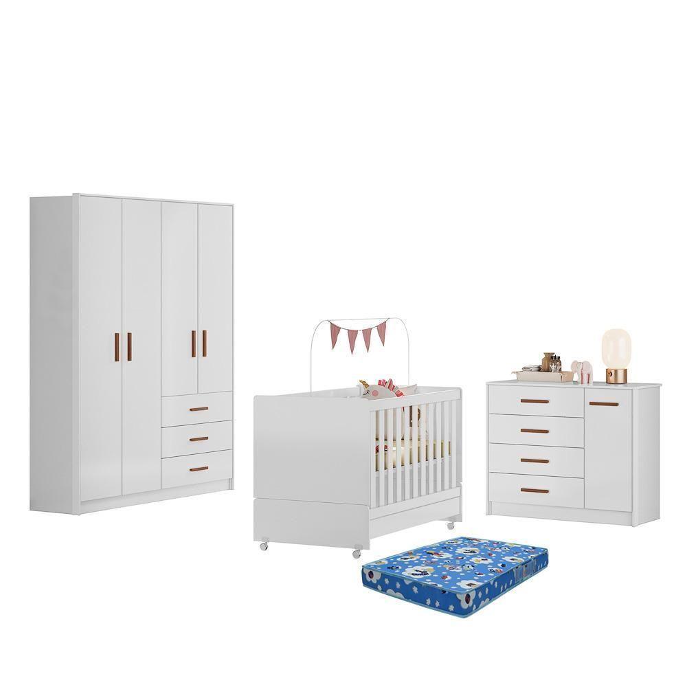 Dormitório Infantil Pérola Guarda Roupa, Cômoda E Berço Branco Com Colchão Baby Physical - Peternella Móveis Branco - 1