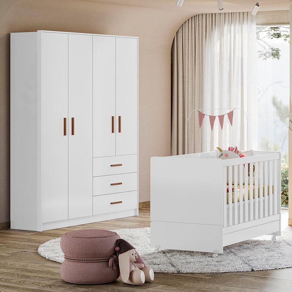 Jogo De Quarto Infantil Pérola Guarda Roupa E Berço Branco - Peternella Móveis Branco - 2