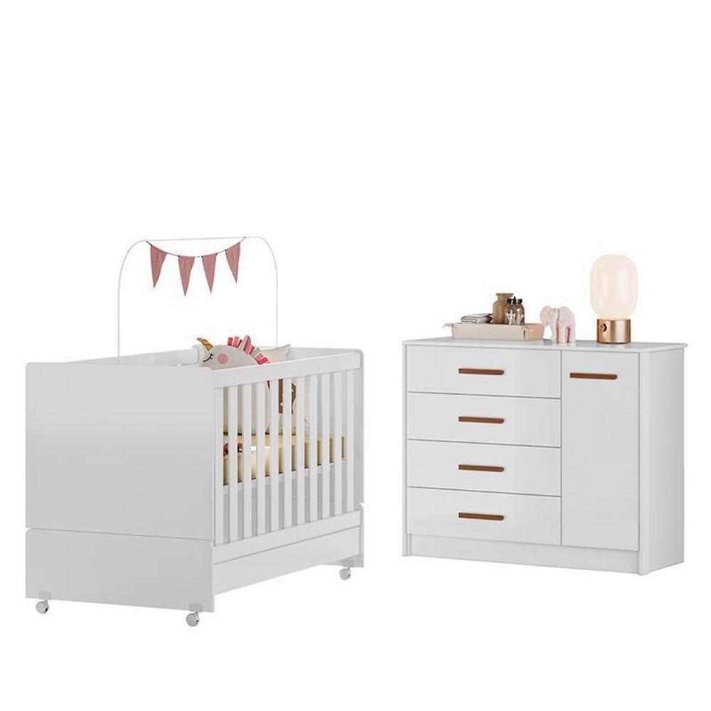 Jogo De Quarto Infantil Pérola Cômoda E Berço Branco - Peternella Móveis Branco - 1