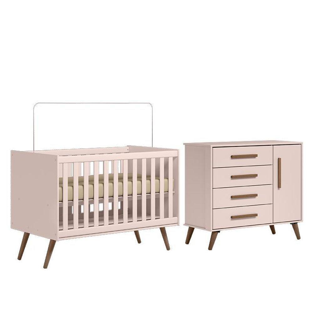 Jogo De Quarto Infantil Q Encanto Retrô Com Cômoda E Berço Rosa - Qmovi Rosa - 1