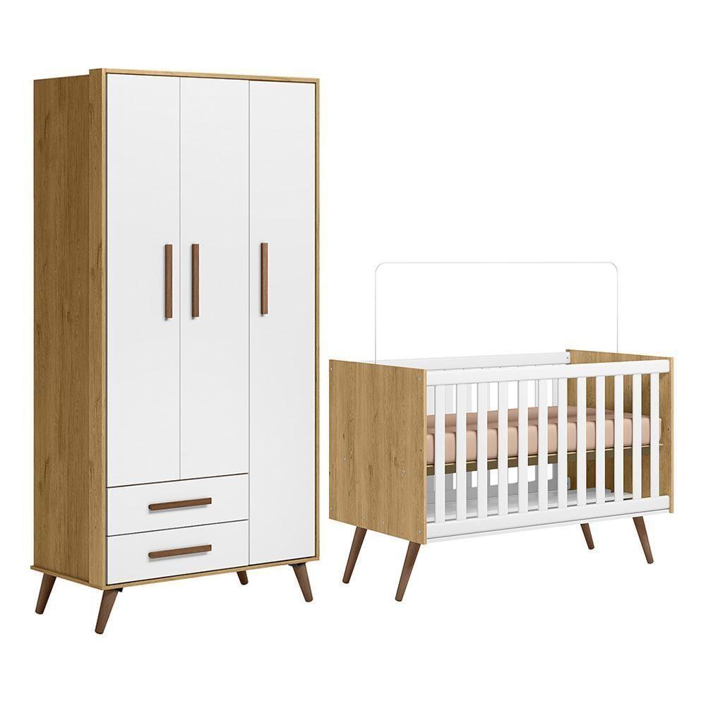 Jogo De Quarto Infantil Q Encanto Retrô Com Guarda Roupa E Berço Freijó-branco Acetinado - Qmovi Freijó-branco Acetinado - 1