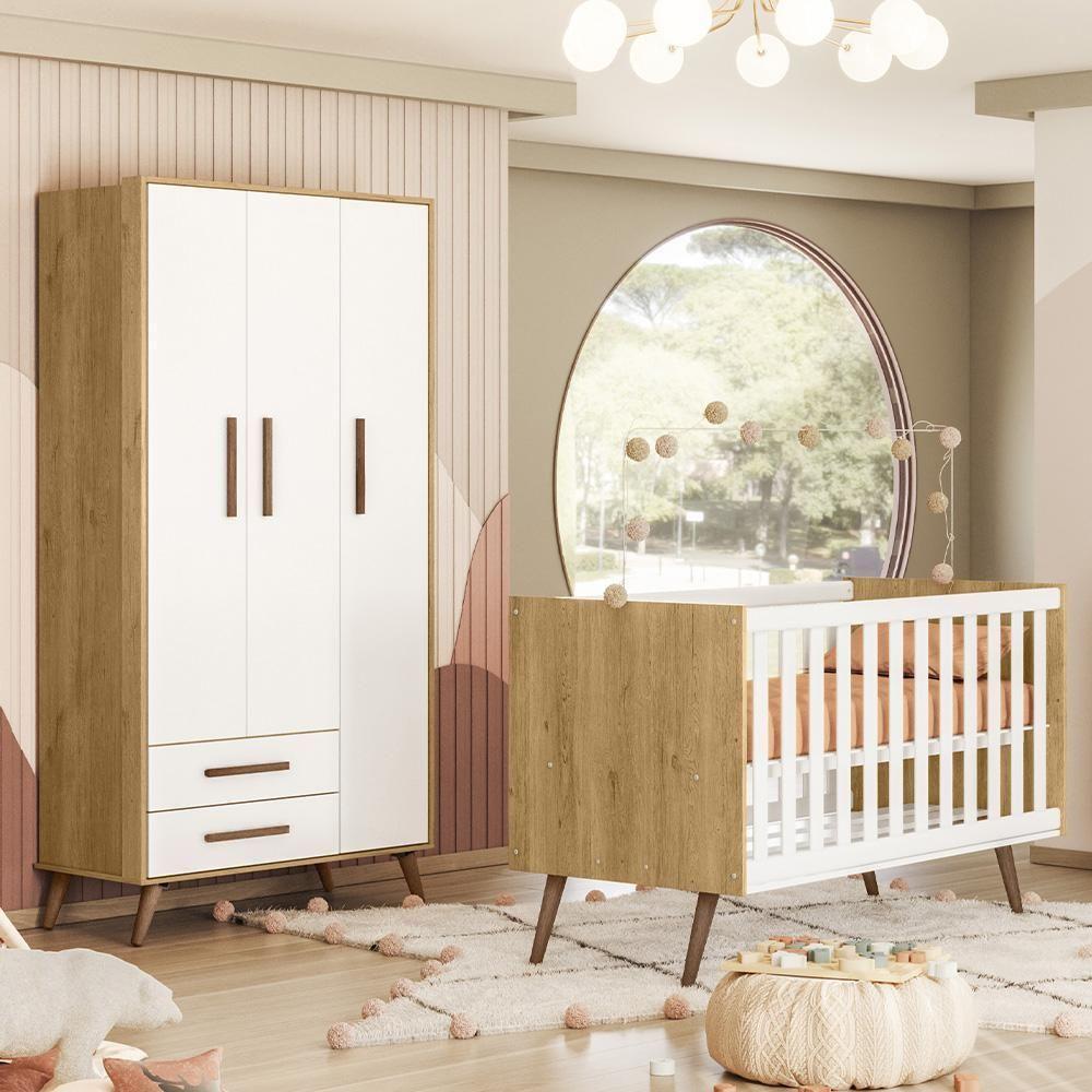 Jogo De Quarto Infantil Q Encanto Retrô Com Guarda Roupa E Berço Freijó-branco Acetinado - Qmovi Freijó-branco Acetinado - 2