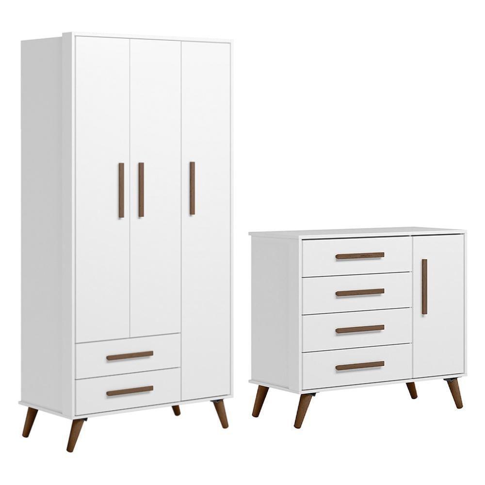 Jogo De Quarto Infantil Q Encanto Retrô Com Guarda Roupa E Cômoda Branco Acetinado - Qmovi Branco Acetinado - 1