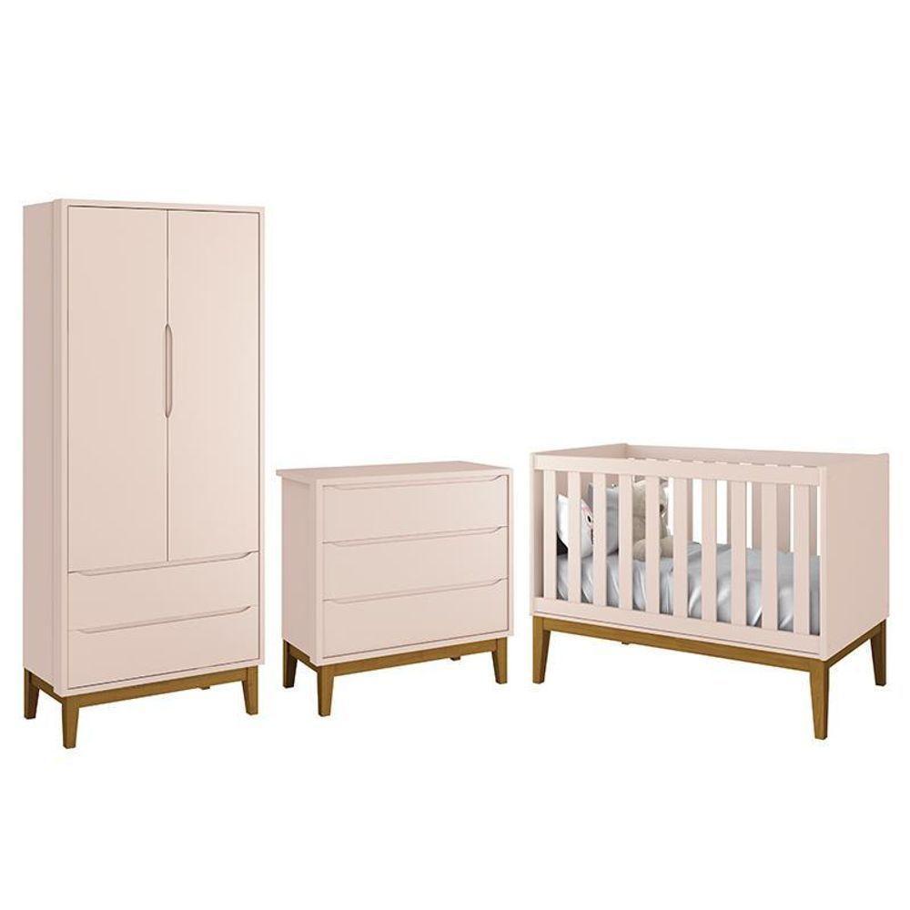 Dormitório Infantil Classic 2 Portas, Cômoda 3 Gavetas E Berço Rosa Fosco Com Pés Amadeirado - Reller Móveis Rosa Fosco - 1