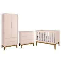 Dormitório Infantil Classic 2 Portas, Cômoda 3 Gavetas E Berço Rosa Fosco Com Pés Amadeirado - Reller Móveis Rosa Fosco - 1