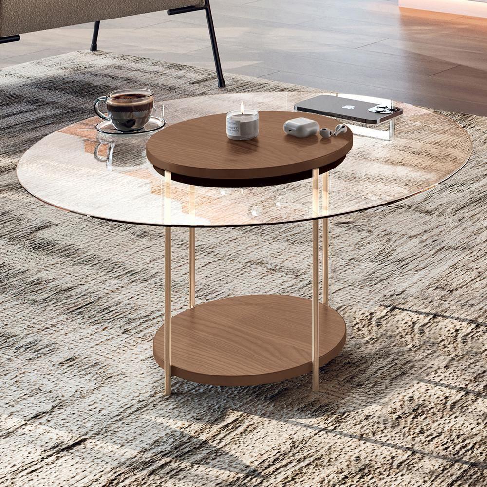 Mesa De Centro Sky Redonda Castanho Com Tampo De Vidro - Hb Móveis Castanho - 2