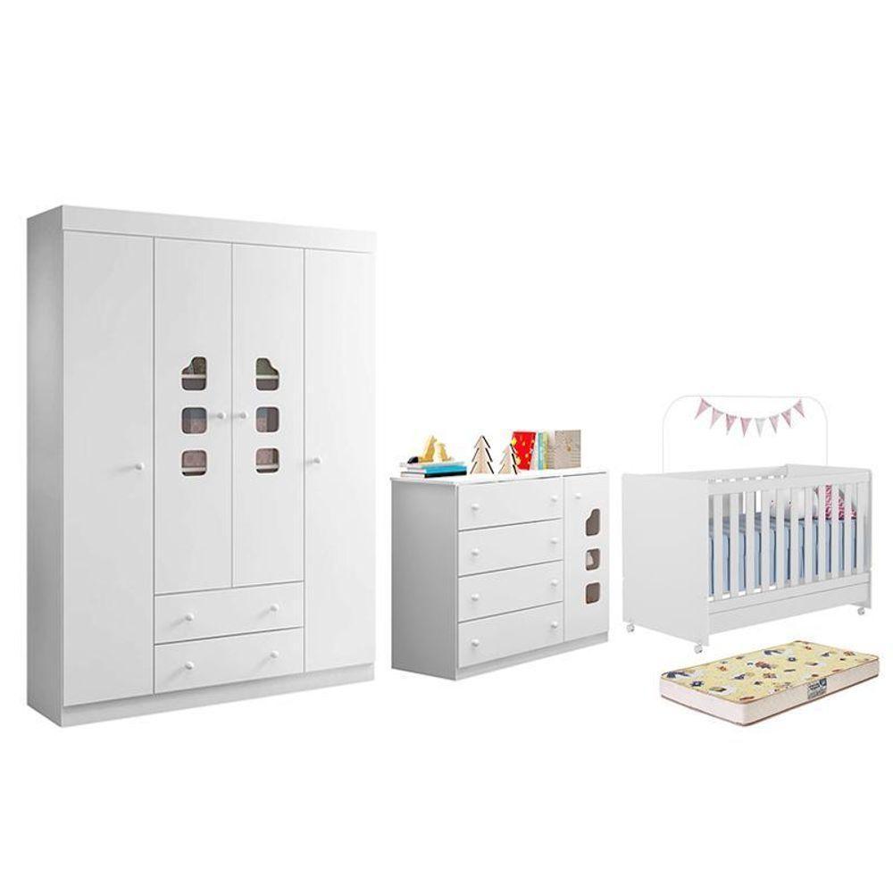 Dormitório Lívia Guarda Roupa, Cômoda E Berço Encanto Branco Com Colchão Supreme - Phoenix Baby Branco - 1