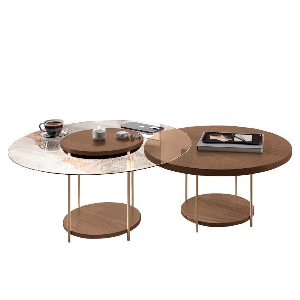 Conjunto De Mesas De Centro Sky Com Tampo De Vidro E Em Mdf Castanho - Hb Móveis Castanho - 1