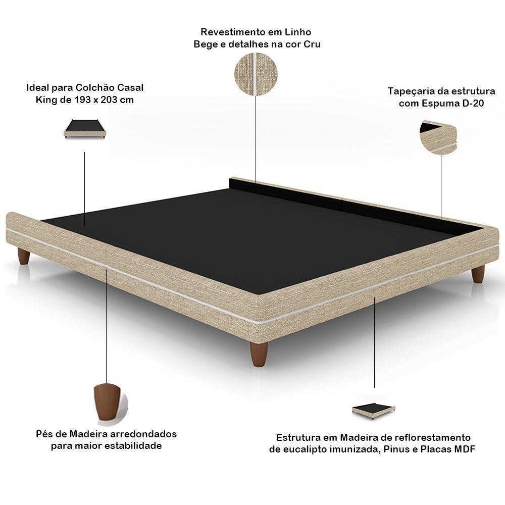 Cabeceira Casal Nilo 160cm Com Cama Pés Madeira Suném P05 Linho Bege - Lyam Decor - 4