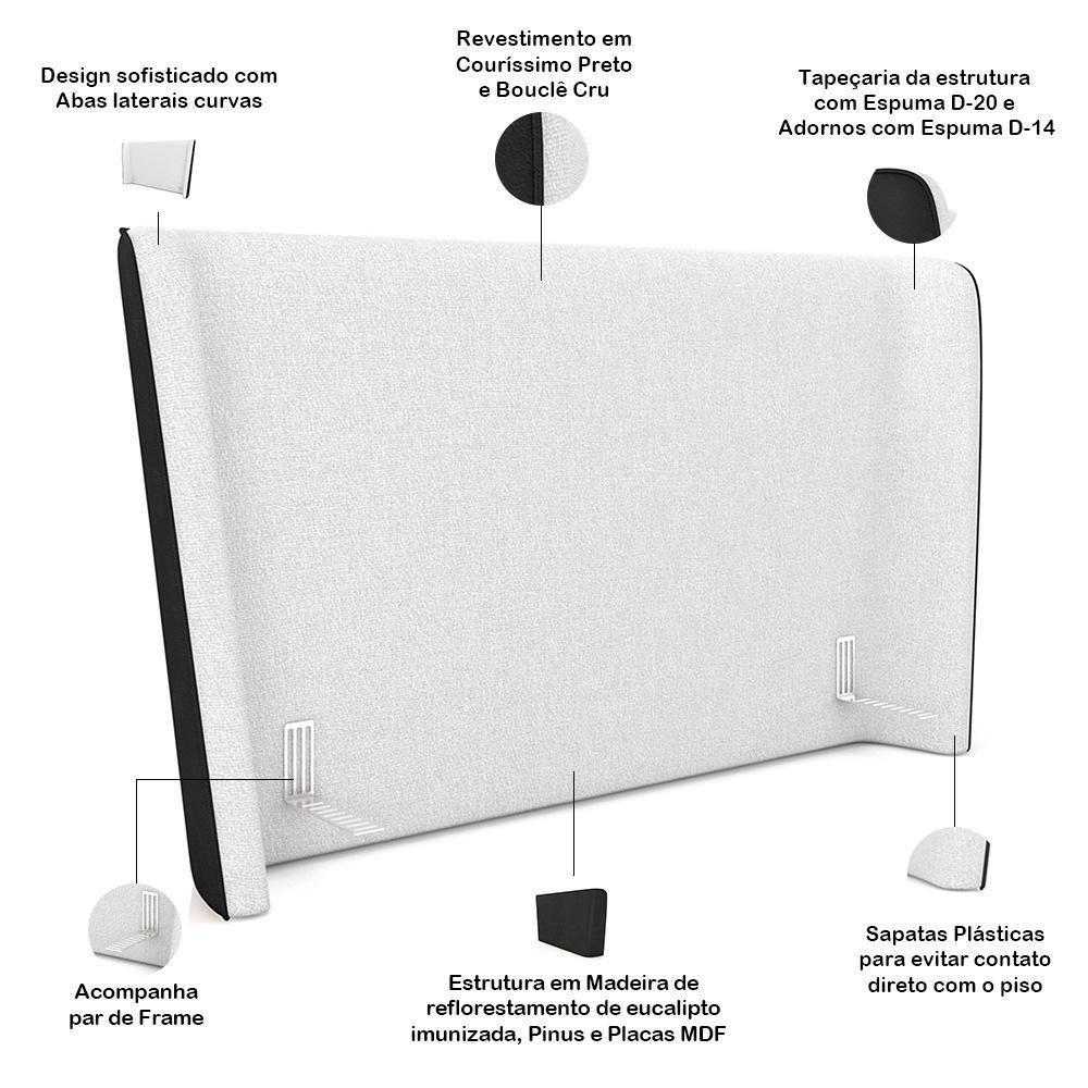 Cabeceira Casal Nilo 160cm Com Cama Pés Madeira Suném P05 Couríssimo Preto Bouclê Cru - Lyam Decor - 3