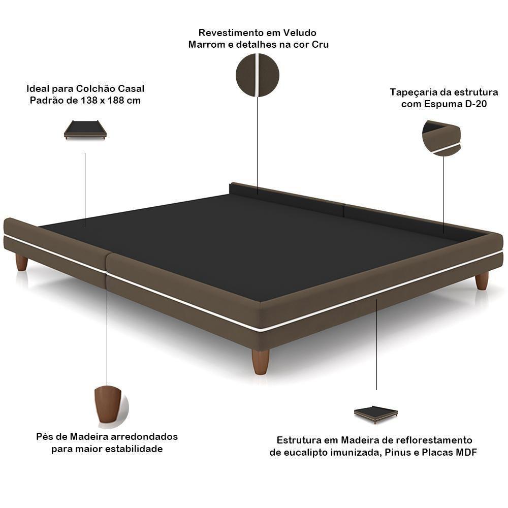Cabeceira Casal Nilo 140cm Com Cama Pés Madeira Suném P05 Veludo Marrom - Lyam Decor - 2