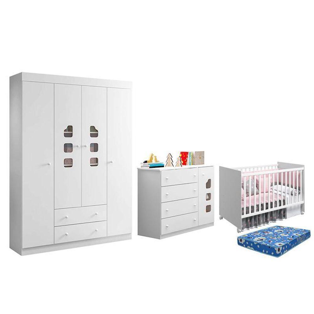 Dormitório Lívia Guarda Roupa, Cômoda E Berço Mel Branco Com Colchão Physical - Phoenix Baby Branco - 1