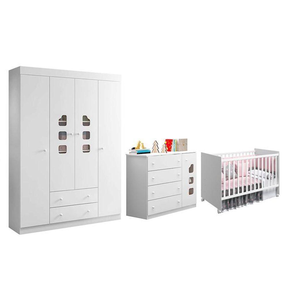 Dormitório Infantil Lívia Guarda Roupa, Cômoda E Berço Tico Branco - Phoenix Baby Branco - 1