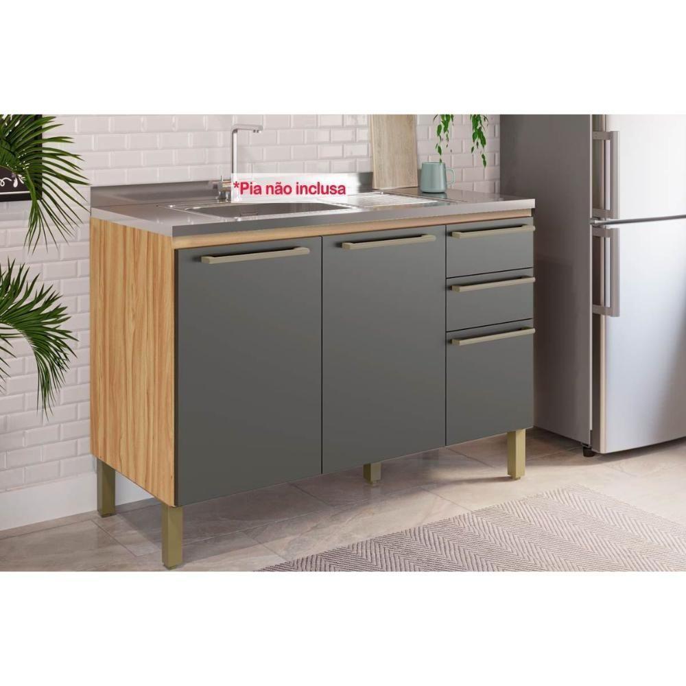 Gabinete De Cozinha Modulado Balcão Para Pia Nápoli Prime 3 Portas E 2 Gavetas Sem tampo 120cm Amendoa-grafite - Ronipa - 1