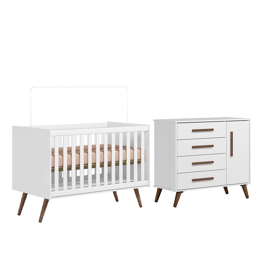 Jogo De Quarto Infantil Q Encanto Retrô Com Cômoda E Berço Branco Acetinado - Qmovi Branco Acetinado - 1