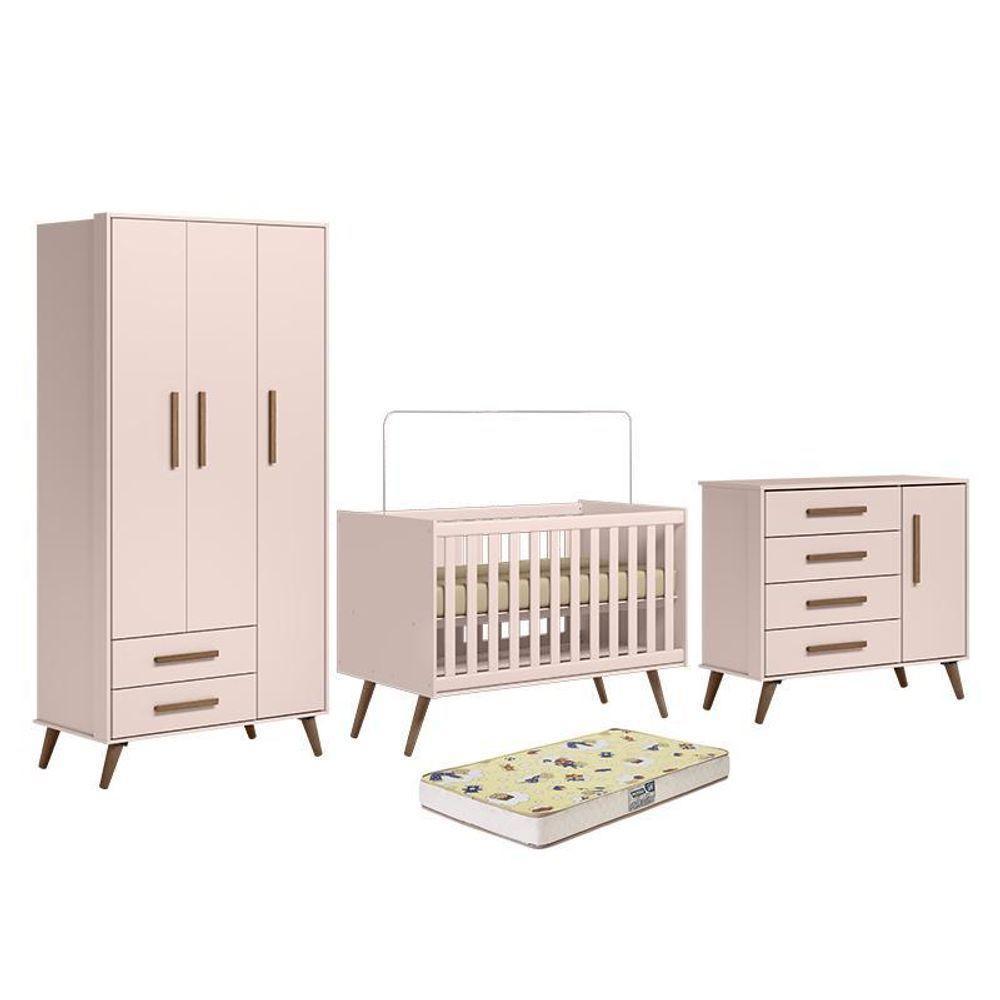Dormitório Infantil Q Encanto Retrô Guarda Roupa, Cômoda E Berço Rosa Com Colchão Supreme - Qmovi Rosa - 1