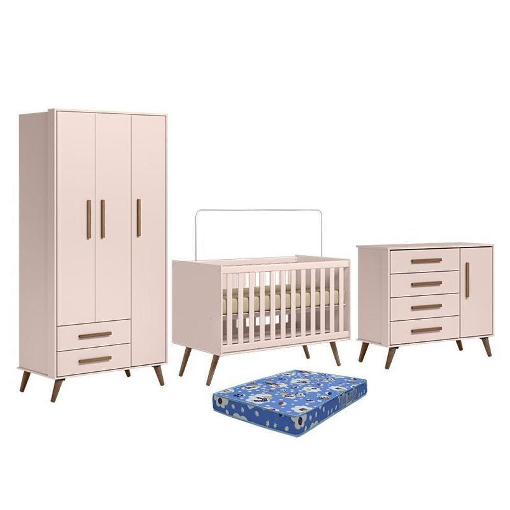 Dormitório Infantil Q Encanto Retrô Guarda Roupa, Cômoda E Berço Rosa Com Colchão Physical - Qmovi Rosa - 1