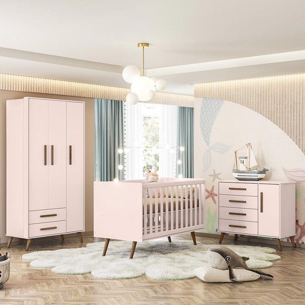 Dormitório Infantil Q Encanto Retrô Guarda Roupa, Cômoda E Berço Rosa Com Colchão Physical - Qmovi Rosa - 3