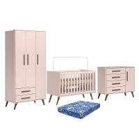 Dormitório Infantil Q Encanto Retrô Guarda Roupa, Cômoda E Berço Rosa Com Colchão Physical - Qmovi Rosa - 1