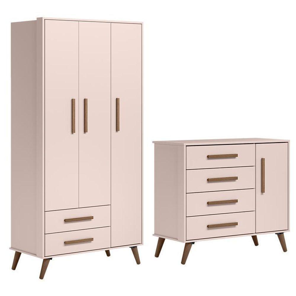 Jogo De Quarto Infantil Q Encanto Retrô Com Guarda Roupa E Cômoda Rosa - Qmovi Rosa - 1