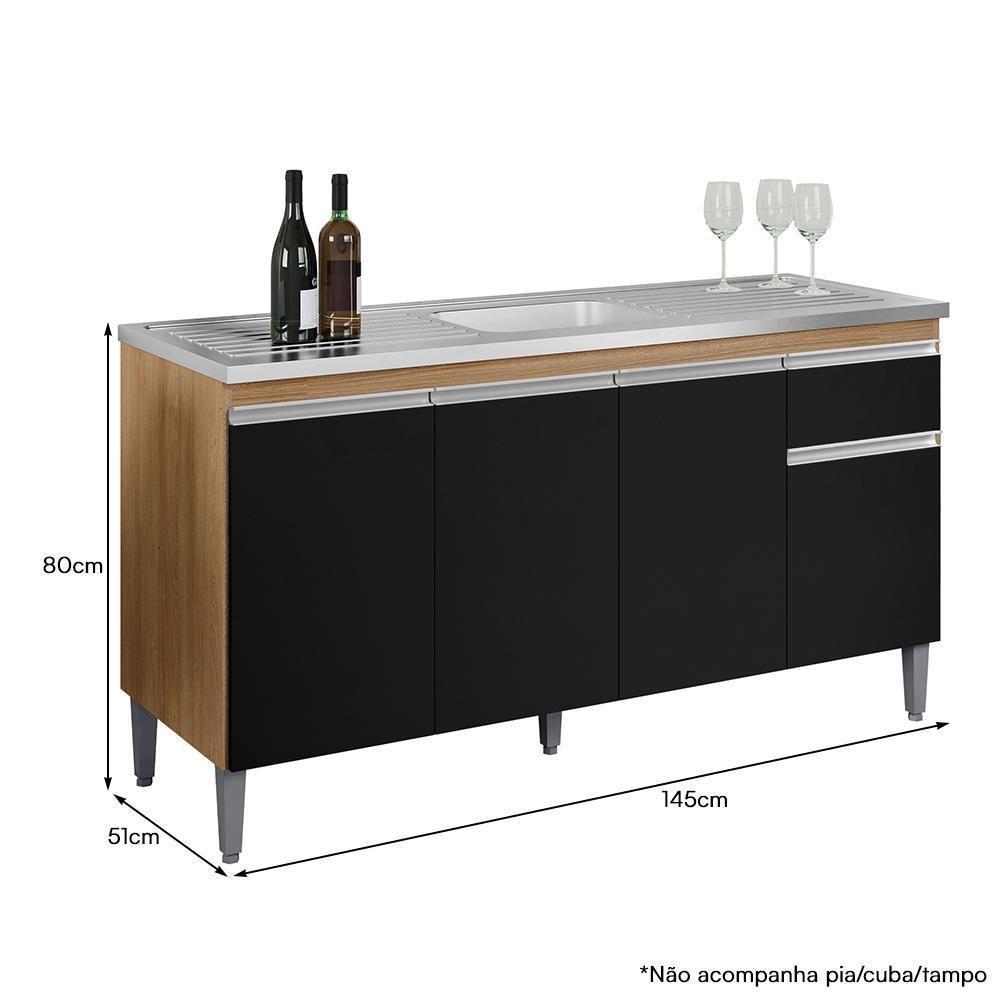 Balcão Pia Tatiane 145cm 4 Portas Amêndoa-preto Sem Tampo - Ajl Móveis Amêndoa-preto - 4