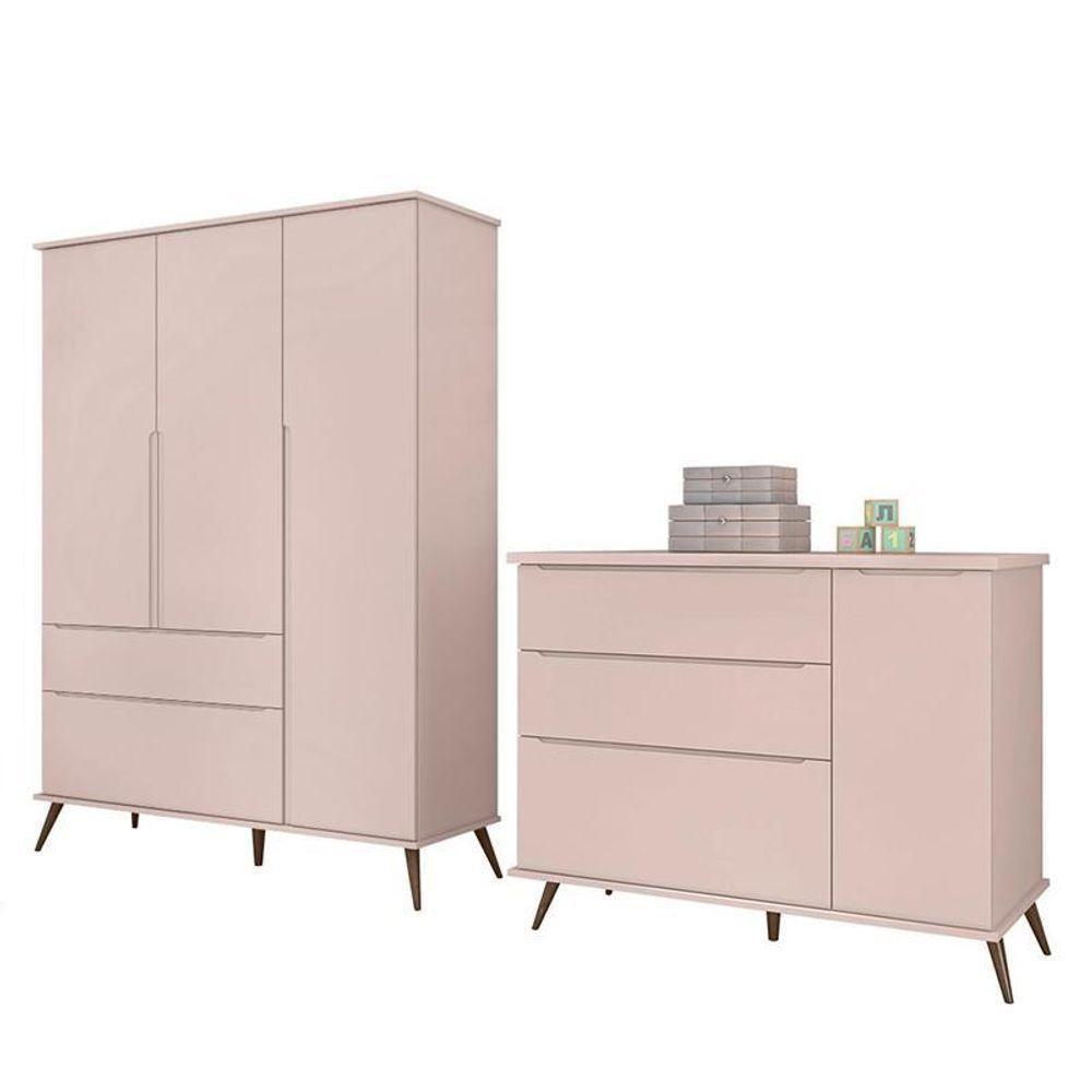 Jogo De Quarto Infantil Retrô Alice Guarda Roupa E Cômoda Com Porta Rosê - Pr Baby Rosê - 1