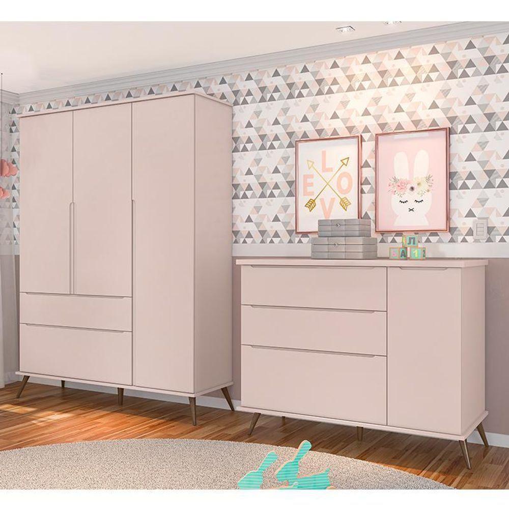 Jogo De Quarto Infantil Retrô Alice Guarda Roupa E Cômoda Com Porta Rosê - Pr Baby Rosê - 2