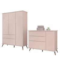 Jogo De Quarto Infantil Retrô Alice Guarda Roupa E Cômoda Com Porta Rosê - Pr Baby Rosê - 1