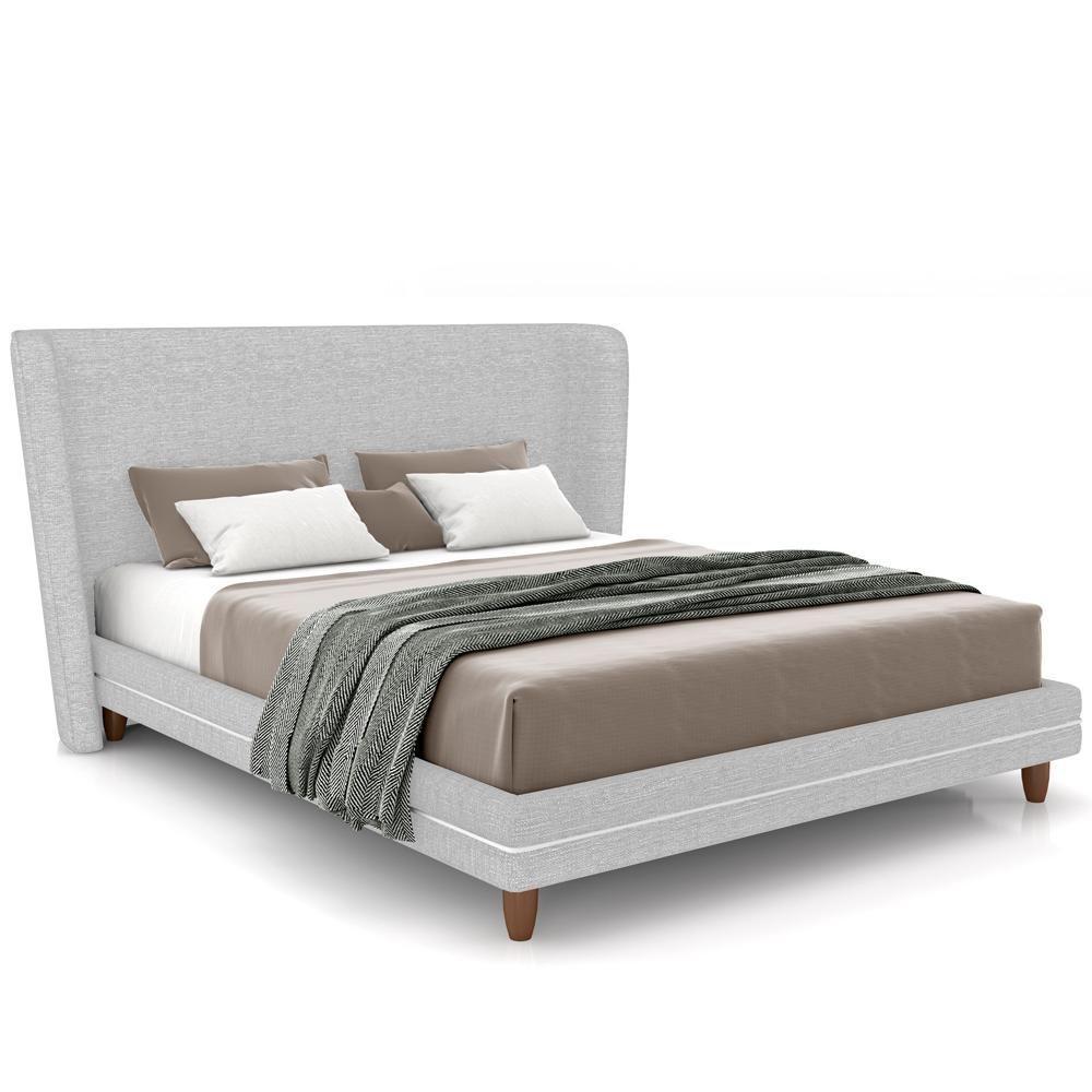 Cabeceira Casal Nilo 195cm Com Cama Pés Madeira Suném P05 Linho Cinza Claro - Lyam Decor - 1
