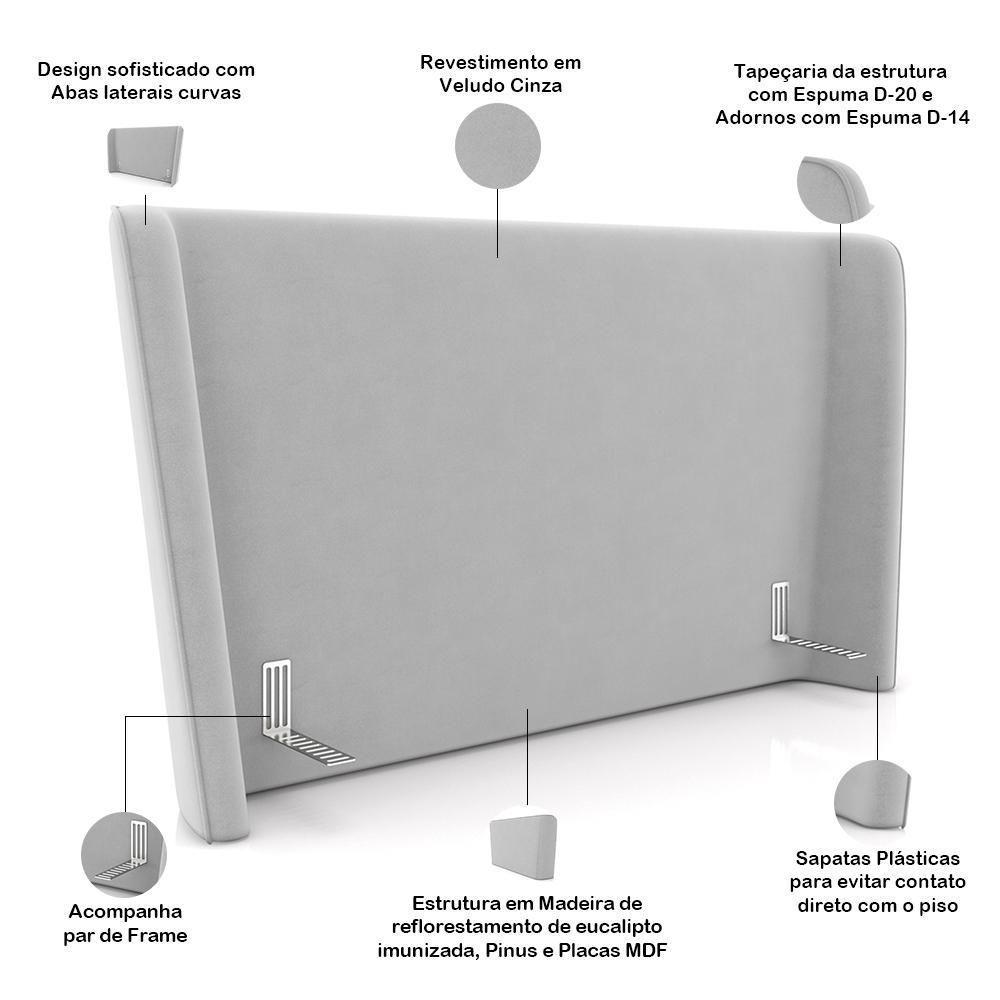 Cabeceira Casal Nilo 140cm Com Cama Pés Madeira Suném P05 Veludo Cinza - Lyam Decor - 4