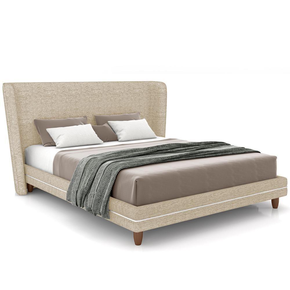 Cabeceira Casal Nilo 195cm Com Cama Pés Madeira Suném P05 Linho Bege - Lyam Decor - 1